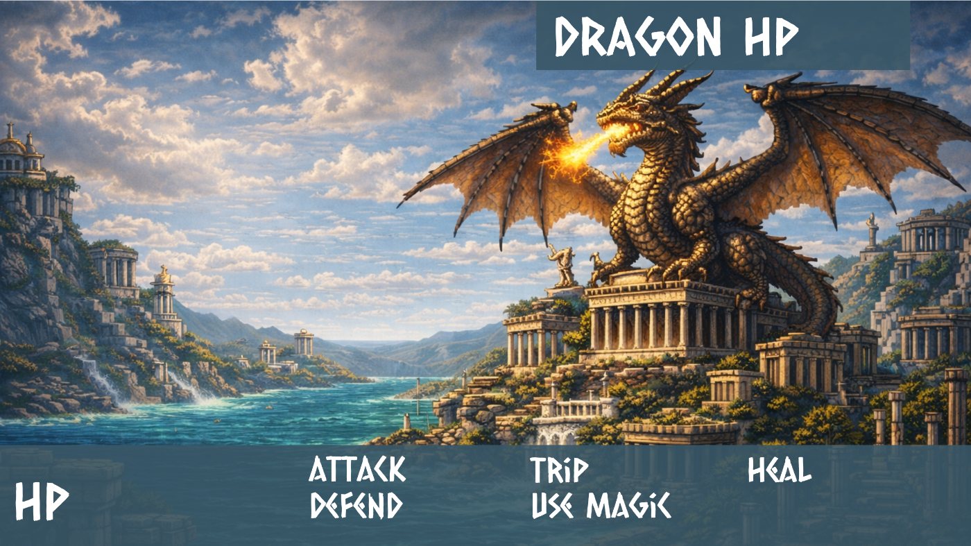 A turn-based battle against a dragon in Echoes of Olympus